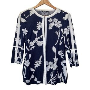 Misook Classic Navy White Floral Knit Cardigan Jacket 3/4 Sleeve‎ Wrinkle Free